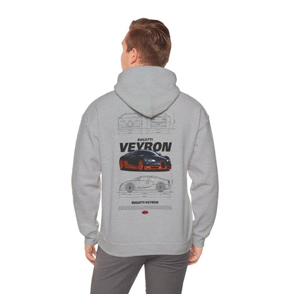 Stylish man wearing a grey Bugatti Veyron hoodie, featuring an artistic printed back design, perfect for car enthusiasts.