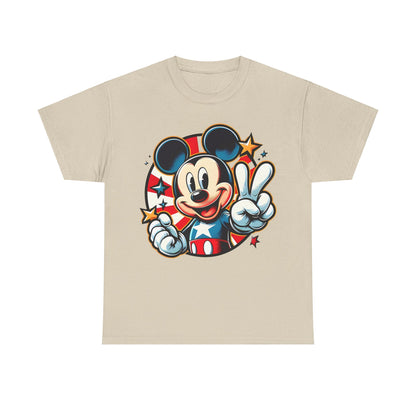 Mickey Mouse Pop Art Graphic Unisex Graphic Tee Shirt in beige, showcasing a nostalgic and modern illustration of Mickey Mouse in a stars and stripes themed outfit.