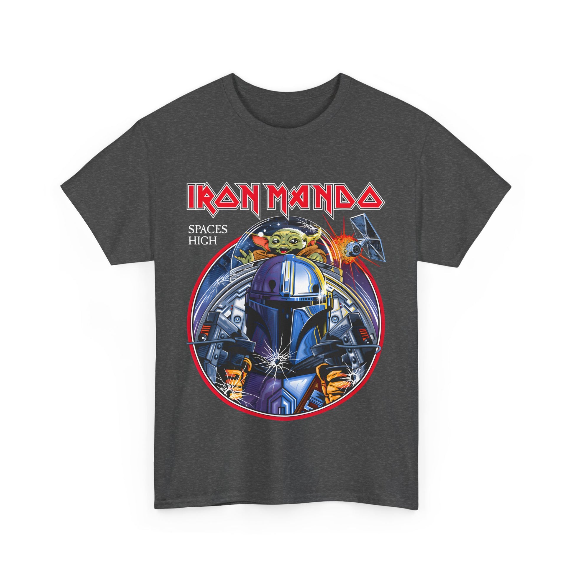Iron Mando Star Wars Graphic Unisex Tee - Luxurious design showcasing the iconic Mandalorian armor and Grogu character in a galactic adventure backdrop.