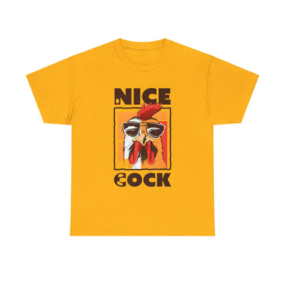 Unisex Nice Cock Graphic Tee with a striking cartoon chicken in dark sunglasses, crafted from premium soft cotton for fashionable, everyday elegance.