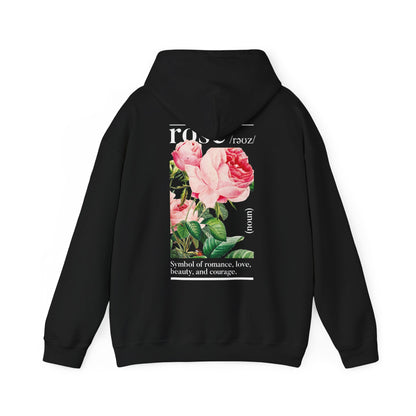 Elegant black hoodie showcasing a stunning botanical rose print on the back, embodying themes of love, beauty, and courage in a chic design.
