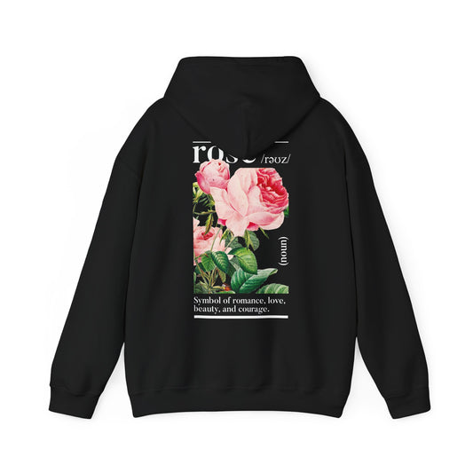 Elegant black hoodie showcasing a stunning botanical rose print on the back, embodying themes of love, beauty, and courage in a chic design.