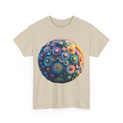 Front view of the Iridescent Floral Sphere Unisex Cotton Tee featuring a vibrant iridescent floral sphere graphic.