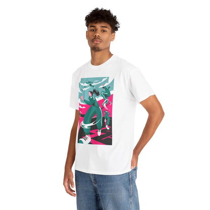 Stylish model showcasing a premium graphic t-shirt with a vibrant Squid Game themed design, perfect for fashion-forward individuals seeking unique statement pieces.