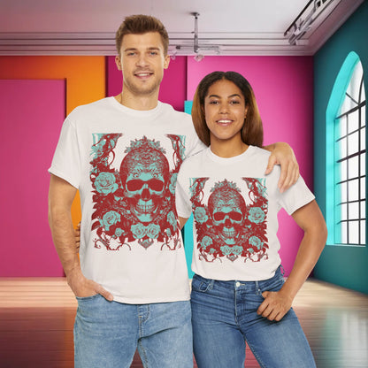 A stylish couple wearing the Skulls and Roses Cotton Tee, highlighting the unique design that appeals to both men and women, perfect for expressing individuality.