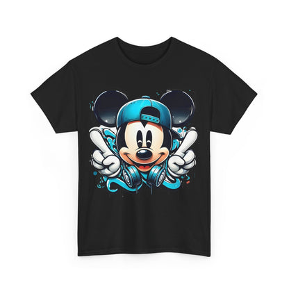 Luxury Mickey Mouse Graffiti Unisex Graphic T-Shirt featuring a vibrant design with Mickey Mouse, adorned in a teal cap and headphones, radiating youthful energy.