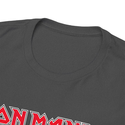 Close-up of the luxurious fabric and neckline of the Iron Mando Graphic Tee, highlighting its high-quality craftsmanship and intricate design elements suitable for discerning style lovers.