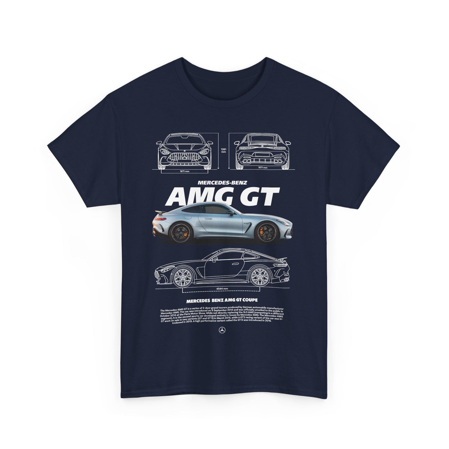 Stylish navy blue T-shirt for men showcasing an exquisite drawing of the Mercedes-Benz AMG GT, perfect for casual outings or car events.