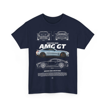 Stylish navy blue T-shirt for men showcasing an exquisite drawing of the Mercedes-Benz AMG GT, perfect for casual outings or car events.