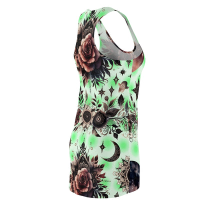 Chic Women's Designer Racerback Dress highlighted from a stylish angle, adorned with vibrant floral and cosmic elements, perfect for summer wear.
