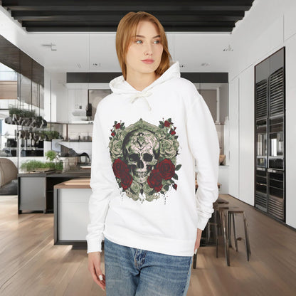 Unisex Lightweight Hooded Sweatshirt featuring a unique designer skull and roses design, elegantly worn by a model in a stylish kitchen background.