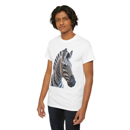 Model wearing the Zebra Elegance Unisex Graphic T-Shirt showcasing the intricate zebra design, combining fashion and artistry for a refined look.