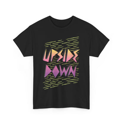 Elegant black unisex T-shirt featuring a striking 'UPSIDE DOWN' graphic in vibrant pastel shades, designed for fans of retro and supernatural themes.