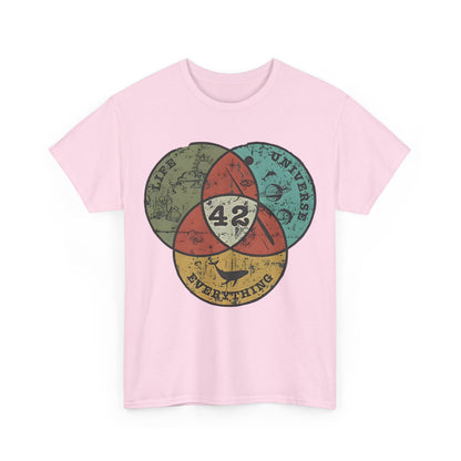 The Hitchhiker's Guide to the Galaxy 42 Graphic Unisex Tee Shirt in pastel pink featuring a captivating graphic of a Venn diagram illustrating 'LIFE', 'UNIVERSE', and 'EVERYTHING', along with '42'.