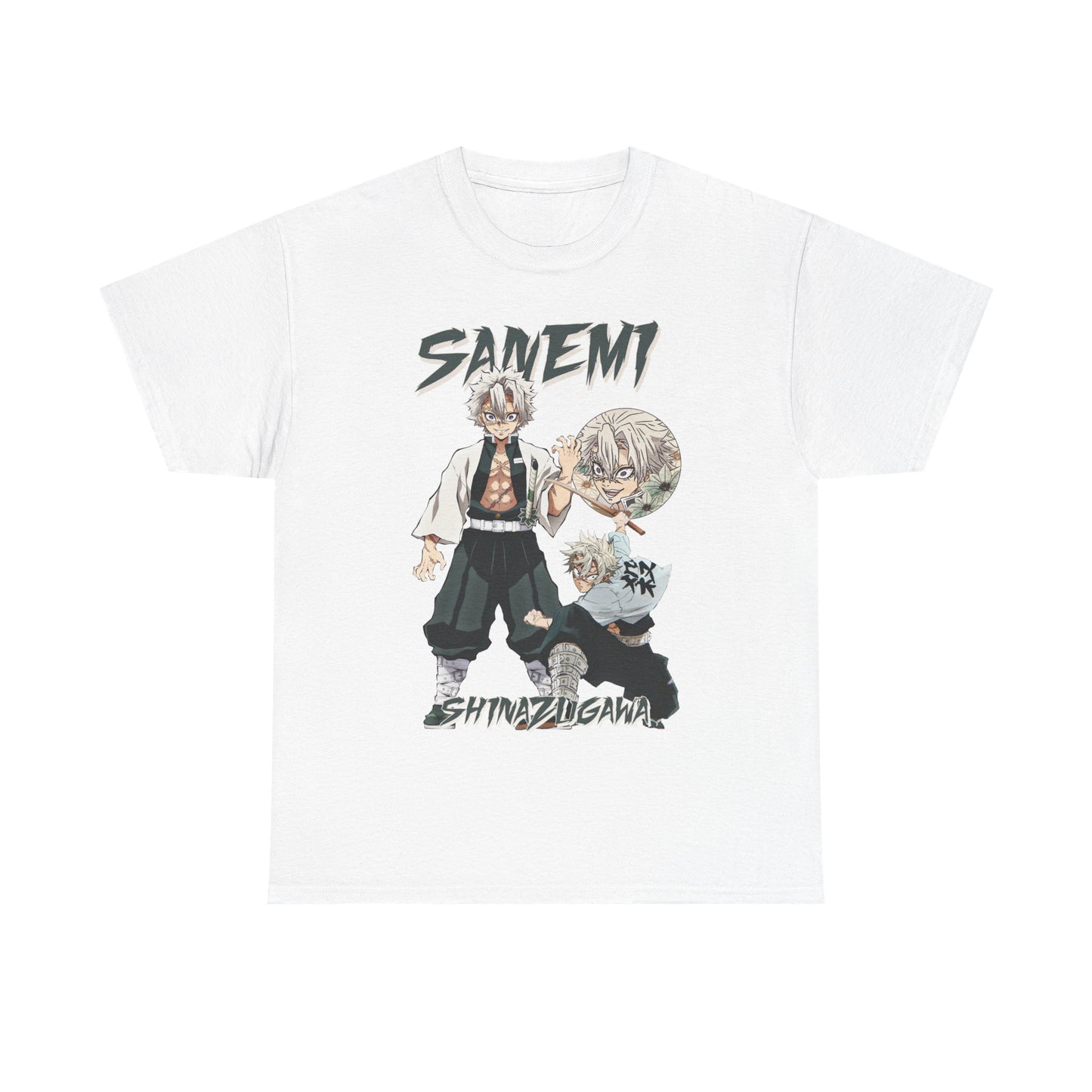 Elegant Sanemi Shinazugawa T-shirt in white, featuring striking anime illustrations, ideal for high-quality anime apparel that complements any stylish collection.