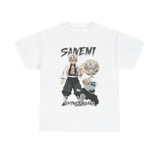 Elegant Sanemi Shinazugawa T-shirt in white, featuring striking anime illustrations, ideal for high-quality anime apparel that complements any stylish collection.