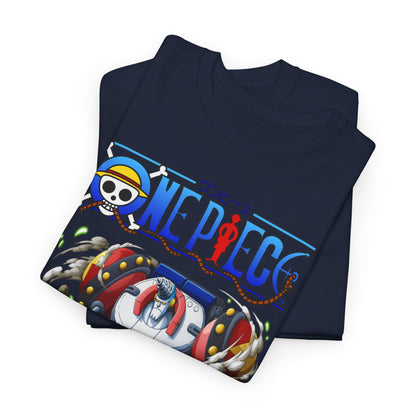 Elegant folded One Piece Franky t-shirt in navy blue, showcasing a detailed graphic of Franky, perfect for showcasing your love for anime streetwear.