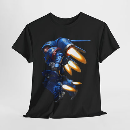 Luxurious black graphic t-shirt showcasing a vibrant blue mecha design with striking orange flames, perfect for urban street fashion.