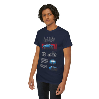 Chic Bugatti Chiron t-shirt for men showcasing detailed artwork of the supercar, along with prestigious logo and specifications, designed for those who appreciate automotive excellence.