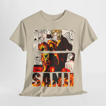 Artistically styled beige t-shirt displaying Sanji's captivating character art, surrounded by flames and bold lettering, making a striking fashion statement.