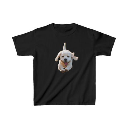 Leaping Puppy Kids Tee in black, showcasing a vibrant image of a leaping puppy, perfect for stylish children's fashion.