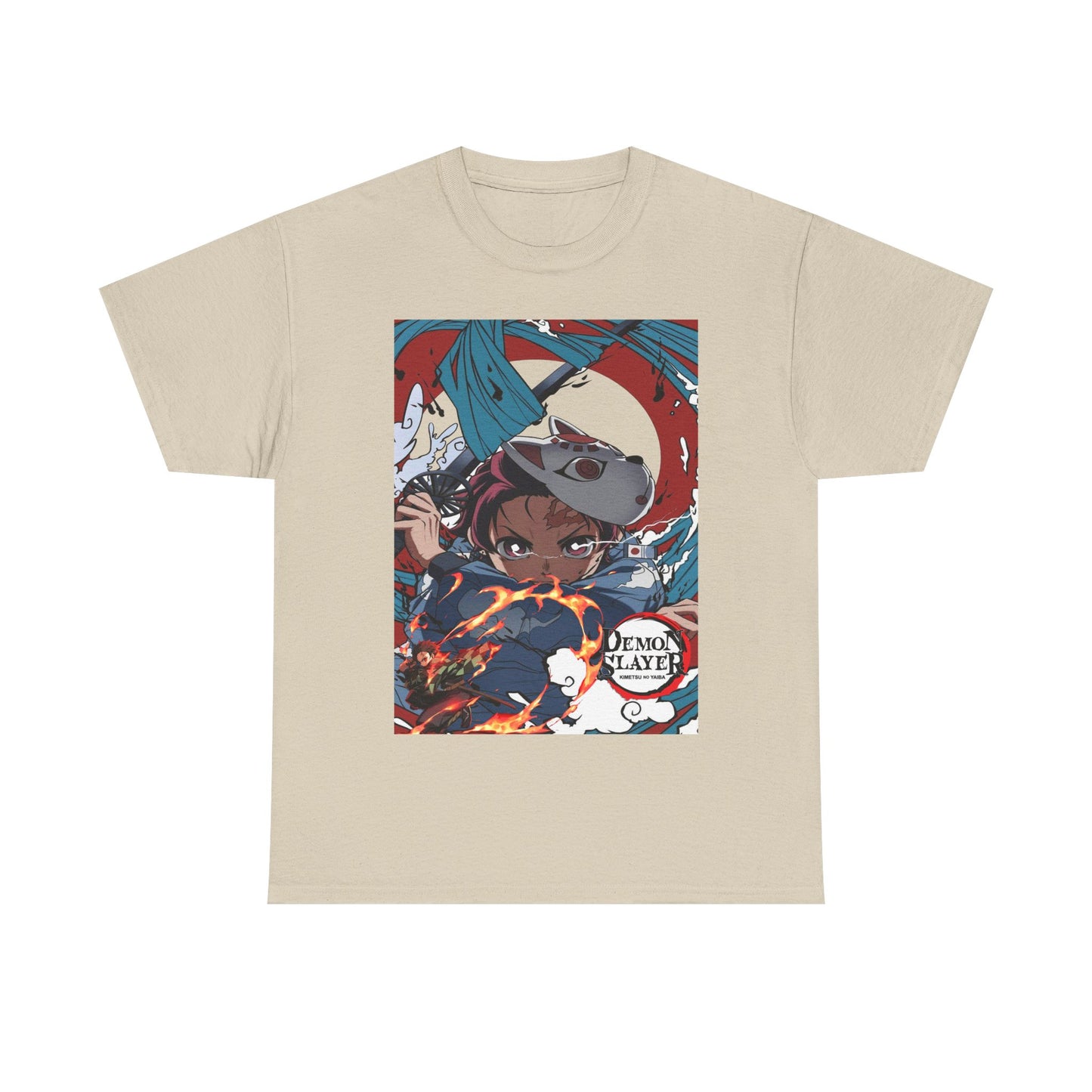 Elegant beige Demon Slayer t-shirt showcasing an eye-catching print of Tanjiro Kamado surrounded by dynamic fire patterns, ideal for discerning fans of anime fashion.