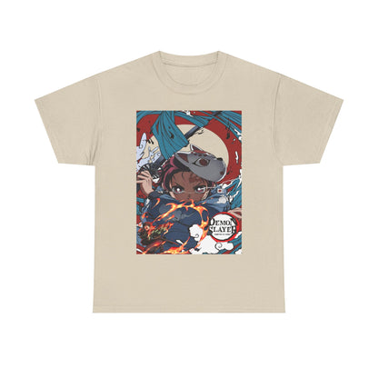 Elegant beige Demon Slayer t-shirt showcasing an eye-catching print of Tanjiro Kamado surrounded by dynamic fire patterns, ideal for discerning fans of anime fashion.