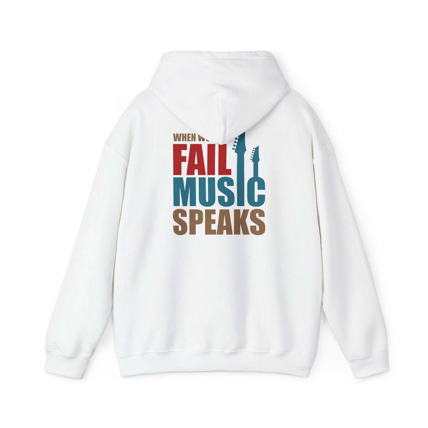 Luxury white hoodie featuring the phrase 'WHEN WORDS FAIL MUSIC SPEAKS' in vibrant typography, accented by elegant guitar neck silhouettes, ideal for music enthusiasts.