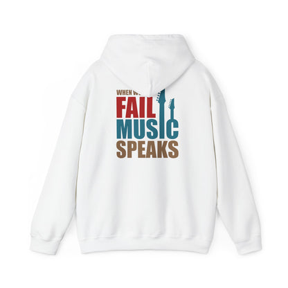 Luxury white hoodie featuring the phrase 'WHEN WORDS FAIL MUSIC SPEAKS' in vibrant typography, accented by elegant guitar neck silhouettes, ideal for music enthusiasts.