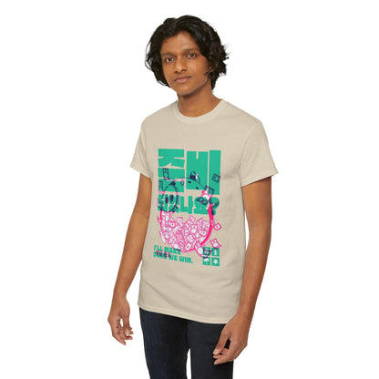 Trendy male model wearing a stylish beige graphic t-shirt inspired by the Squid Game series, featuring bold teal and pink artwork, perfect for making a fashion statement.