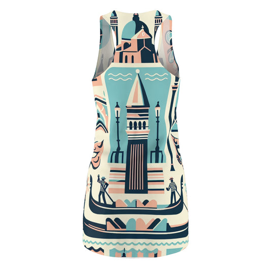 Close-up of the Valentina Belmonte Venice Dress - Racerback Style featuring exquisite details of Venetian masks and contemporary designs in high-quality fashion.