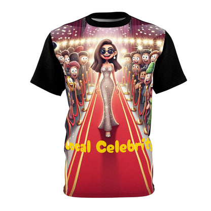 Celebrity Glamour Cartoon Tee featuring a vibrant red carpet scene with cartoon stars, showcasing stylish fashion by Dazzling Dreams Studio.