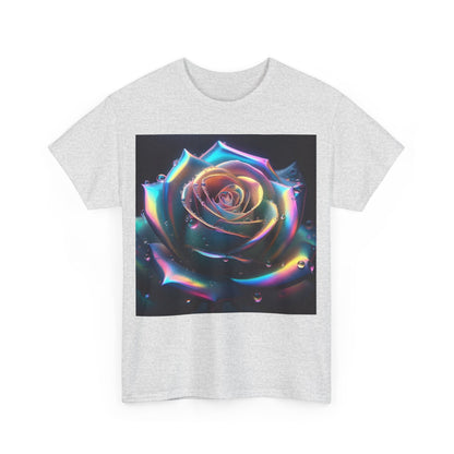 Ethereal Rose Tee Unisex Cotton Graphic T-Shirt featuring a breathtaking multi-coloured rose design, adorned with delicate water droplets that enhance its elegance and sophistication.