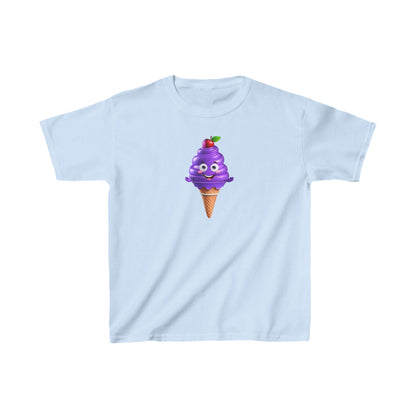 Child’s Unisex Delighted Ice Cream Graphic Cotton Tee in light blue, featuring a charming purple ice cream character with a cherry on top.
