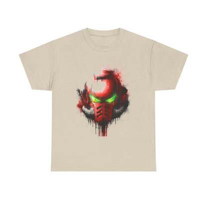 Chic beige unisex t-shirt showcasing a bold red and green helmet illustration, accentuated by splatter art, ideal for expressing unique style.