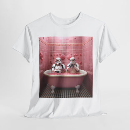 Elegant white t-shirt featuring a whimsical design of Stormtroopers relaxing in a pink bathtub, set against a vibrant pink tiled background, perfect for a playful fashion statement.