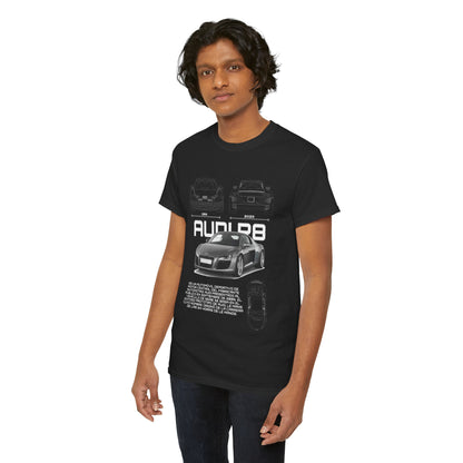 Chic black Audi R8 Blueprint T-Shirt displayed by a male model, featuring an intricate design of the legendary Audi R8 alongside historical details in Spanish, enhancing the automotive aesthetics.