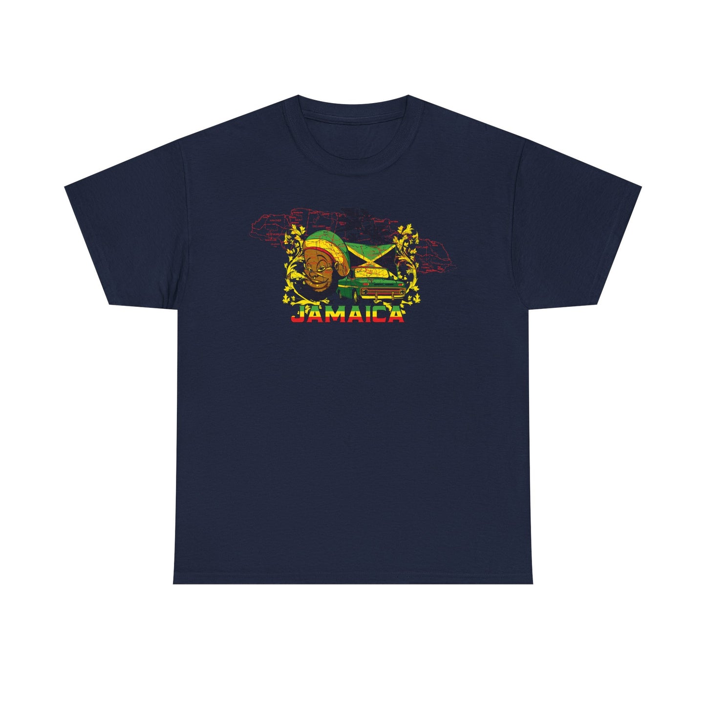 Luxury navy graphic t-shirt featuring vibrant Jamaican-inspired design with a cheerful face, vintage truck, and tropical elements, embodying island life.