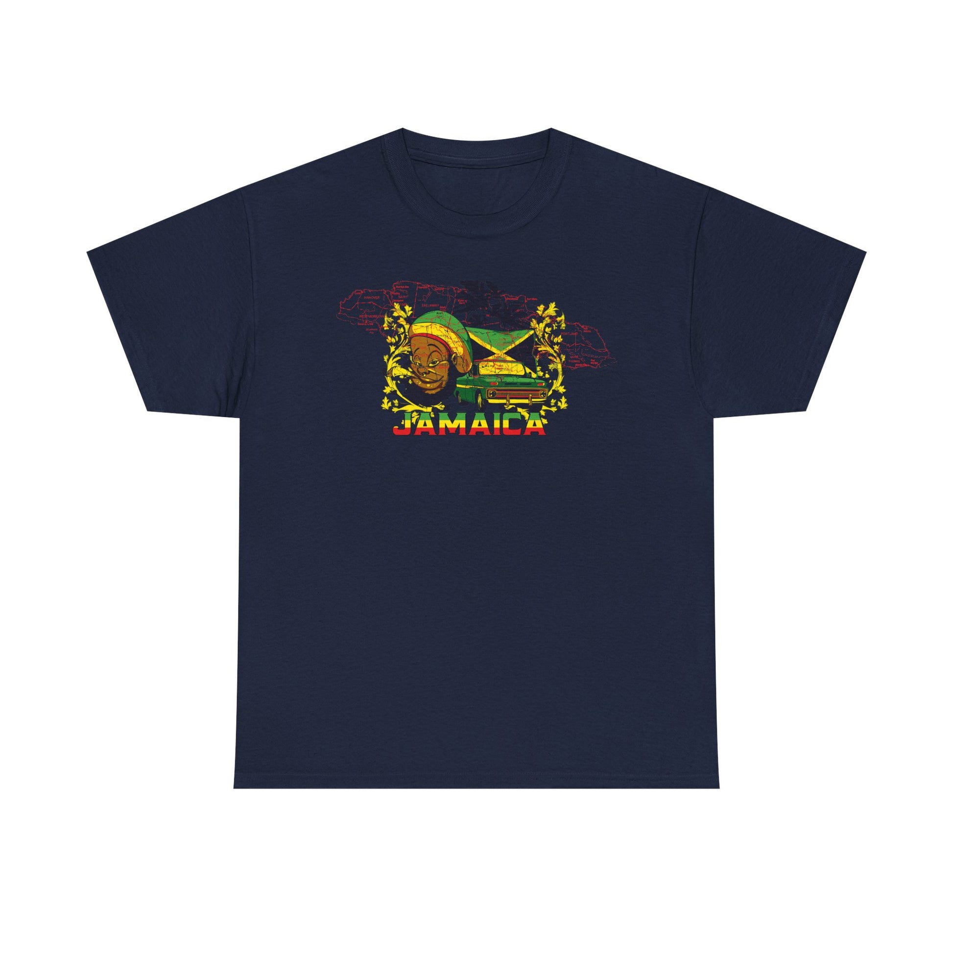 Luxury navy graphic t-shirt featuring vibrant Jamaican-inspired design with a cheerful face, vintage truck, and tropical elements, embodying island life.