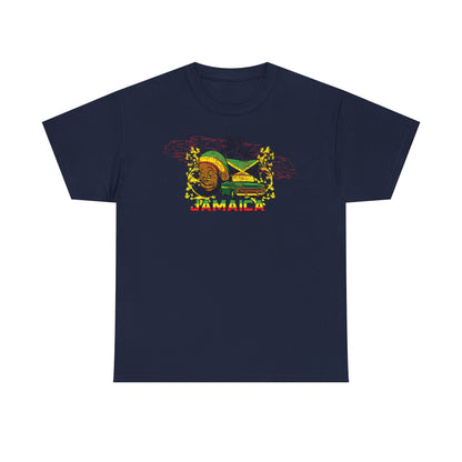 Luxury navy graphic t-shirt featuring vibrant Jamaican-inspired design with a cheerful face, vintage truck, and tropical elements, embodying island life.