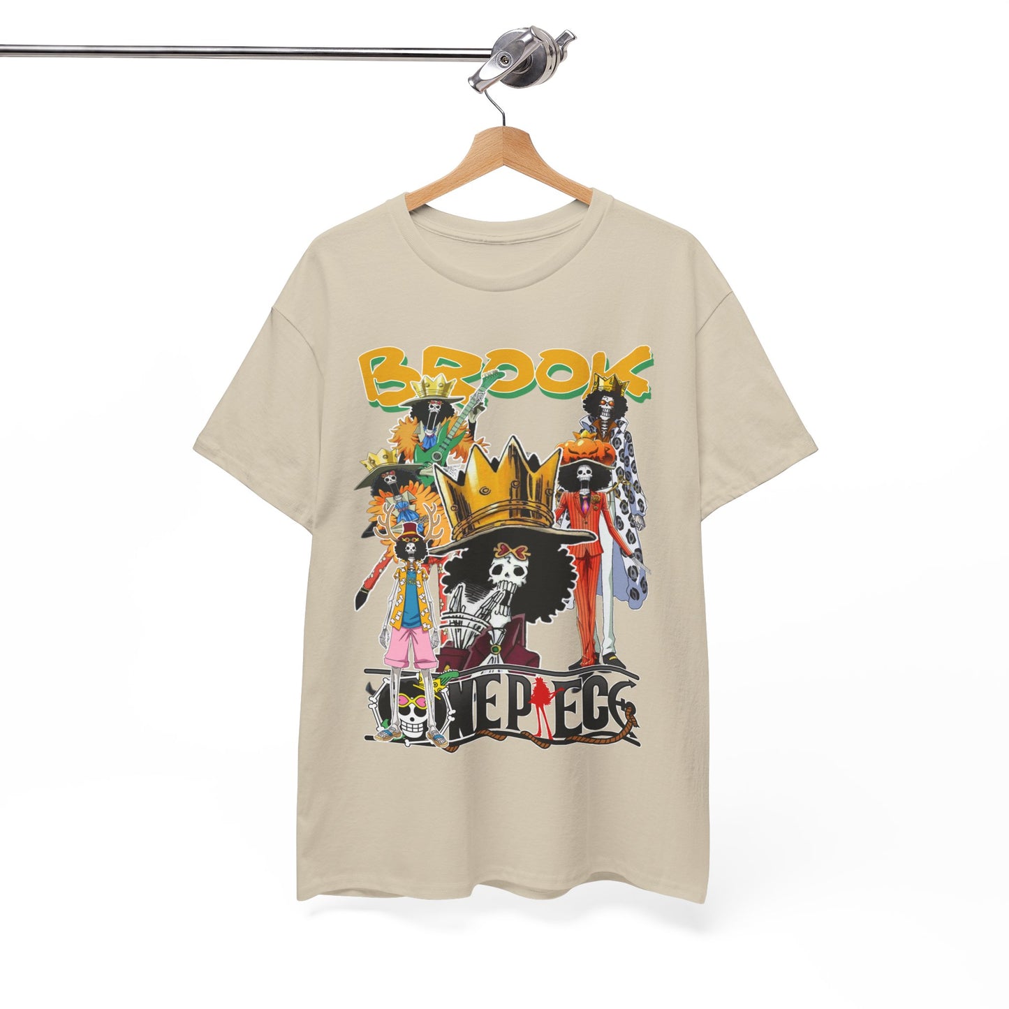 Luxury Brook Anime T-Shirt showcasing a vibrant collage of beloved characters against a stylish beige backdrop, perfect for trendsetters.