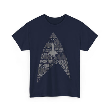 Star Trek Federation Logo Art Graphic Unisex T-Shirt Tee featuring iconic Starfleet phrases in a stylish design on a navy background.