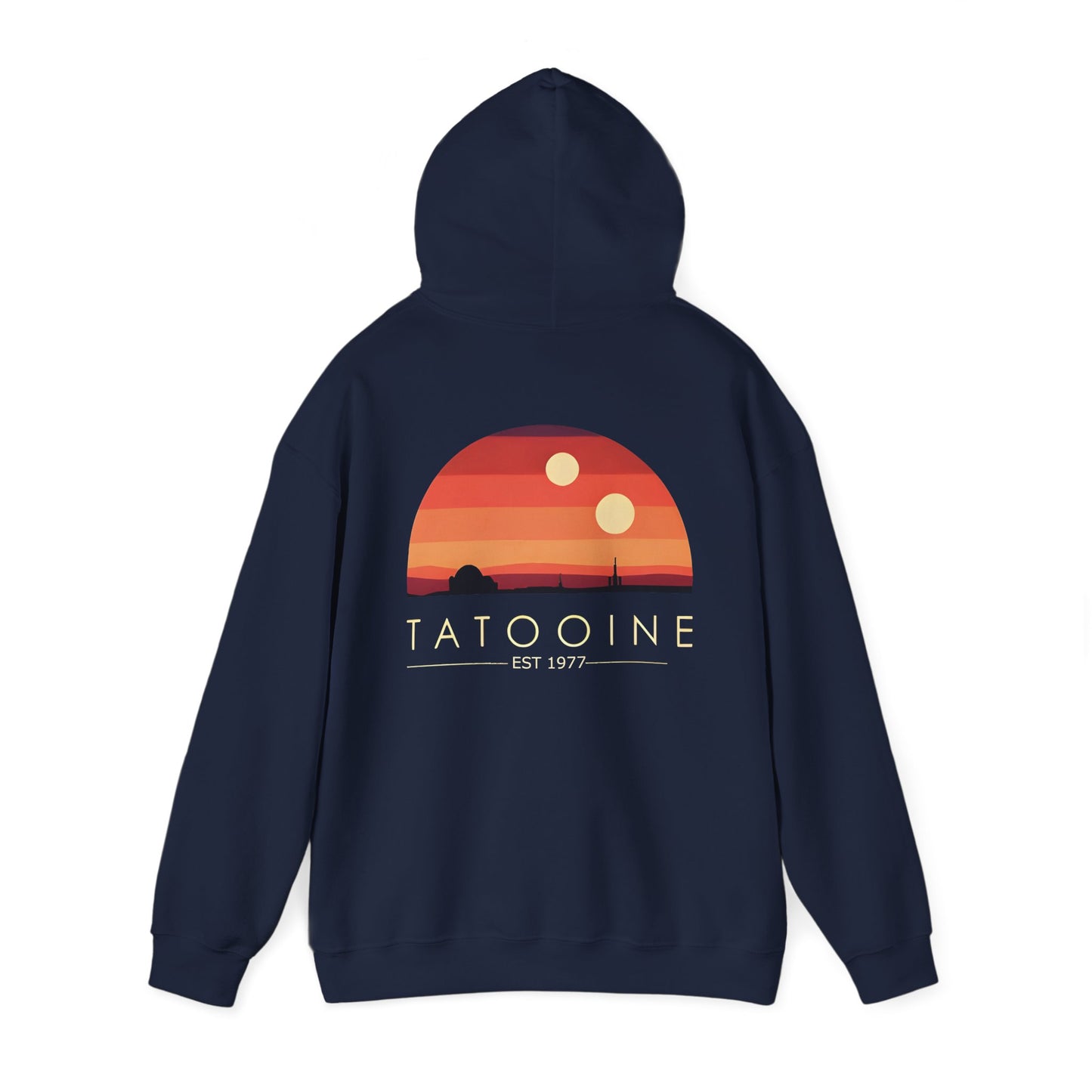 Stunning Tatooine Sunset Back Print Hoodie showcasing a breathtaking sunset over a desert landscape, designed for discerning Star Wars fans - Dazzling Dreams.