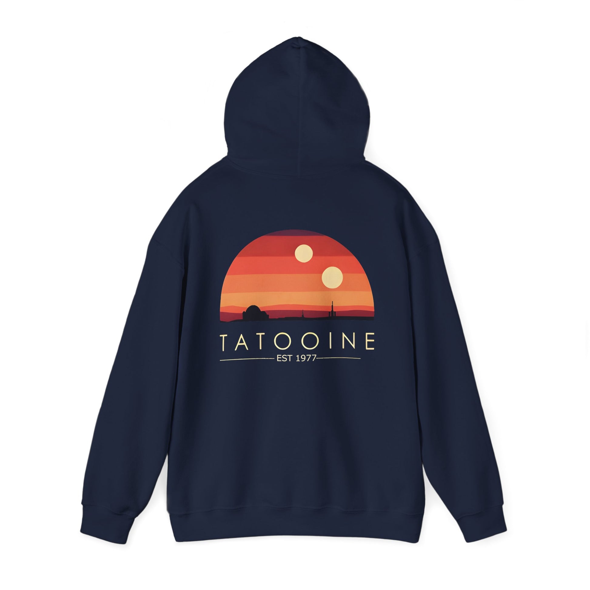 Stunning Tatooine Sunset Back Print Hoodie showcasing a breathtaking sunset over a desert landscape, designed for discerning Star Wars fans - Dazzling Dreams.