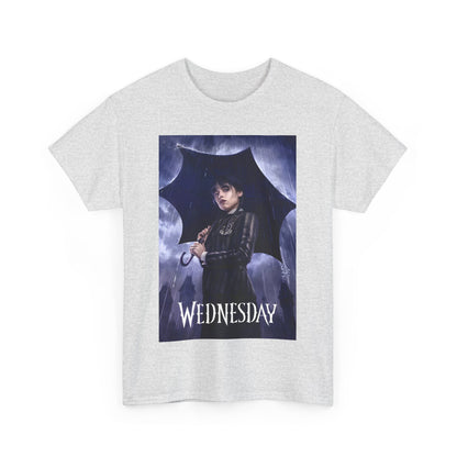 Elegant grey unisex graphic tee featuring 'Wednesday' Embrace the Dark Elegance design with an illustrated image of Wednesday Addams, perfect for gothic fashion enthusiasts.