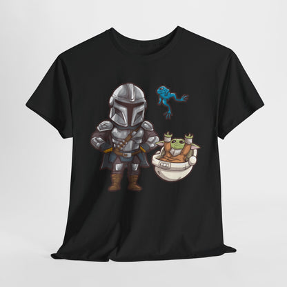 Star Wars Mandalorian the Child graphic T-shirt featuring the Mandalorian and Baby Yoda in a whimsical design, perfect for unisex fashion enthusiasts.