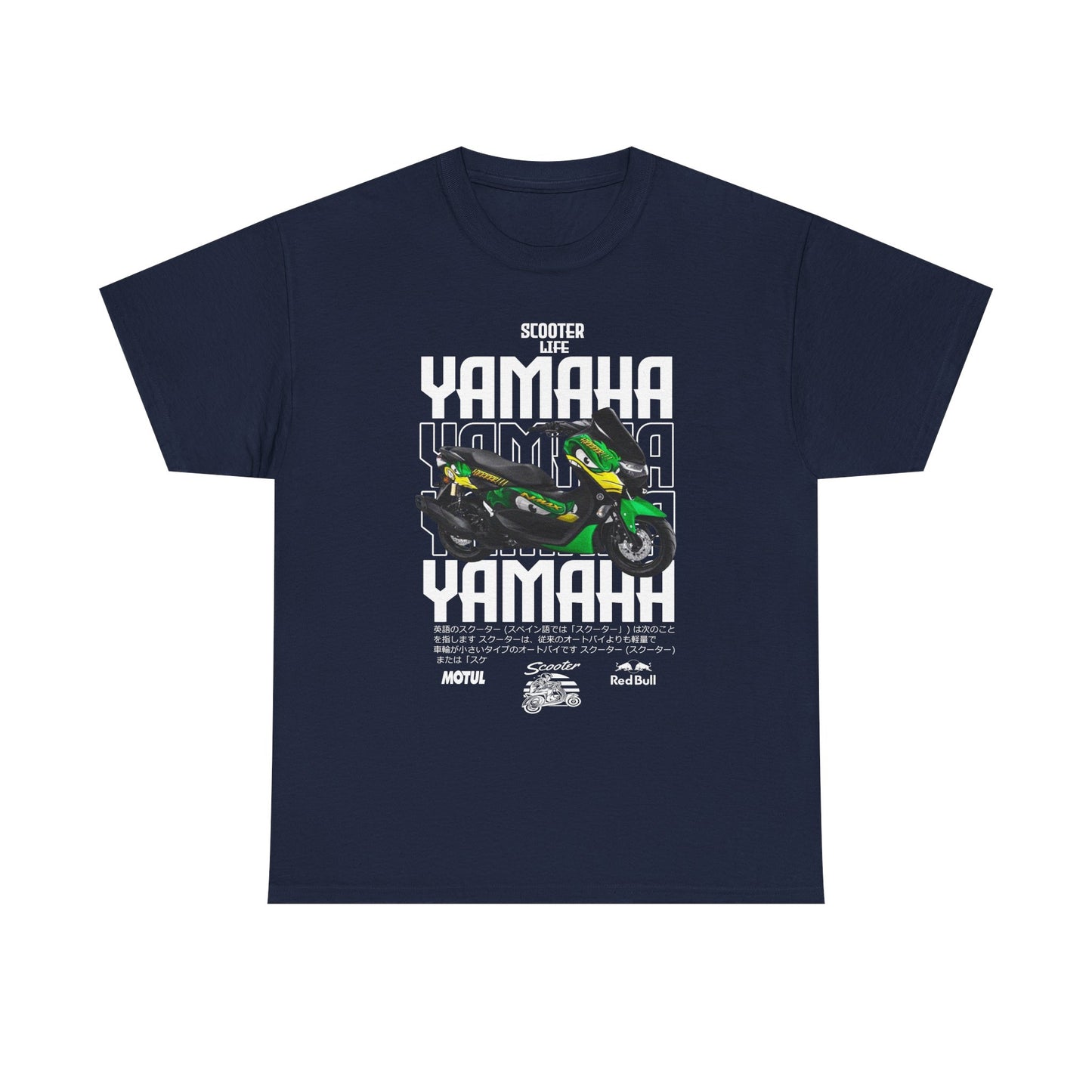 Luxurious navy blue t-shirt featuring a vibrant Yamaha scooter graphic design, embodying the thrill of scooter life with powerful branding.