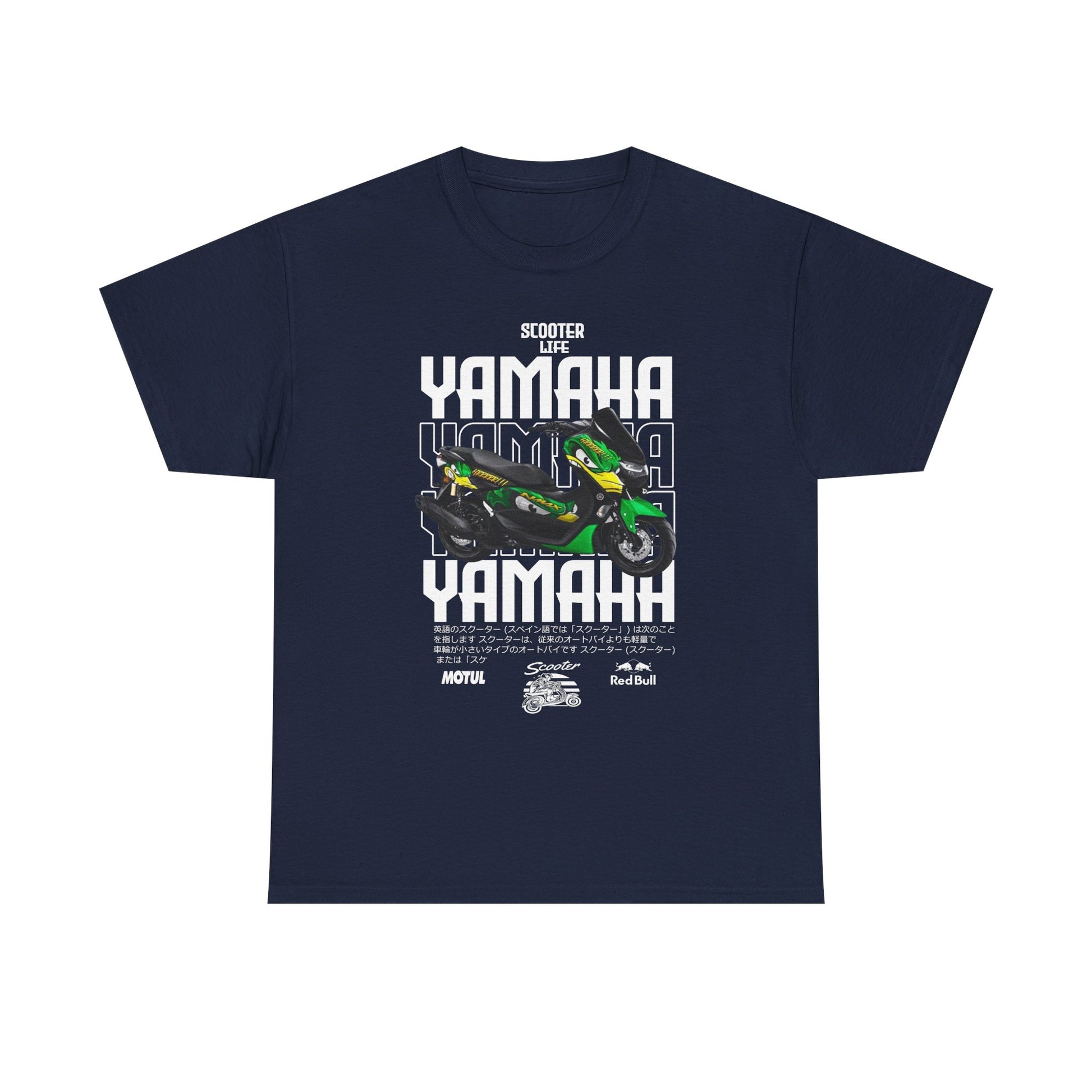 Luxurious navy blue t-shirt featuring a vibrant Yamaha scooter graphic design, embodying the thrill of scooter life with powerful branding.