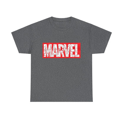 Chic unisex 'MARVEL' graphic tee in upscale dark grey, featuring vibrant red lettering and artistic superhero outlines, a quintessential addition for stylish comic book enthusiasts.
