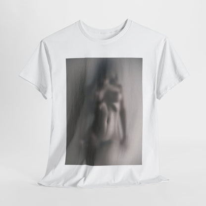 Elegant graphic white t-shirt featuring an intriguing blurred design of a nude silhouette, embodying a sense of mystery and artistic allure.